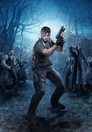 Leon S. Kennedy Aiming Pistol at Zombies in Dark Forest from Resident Evil 4 HD phone wallpaper