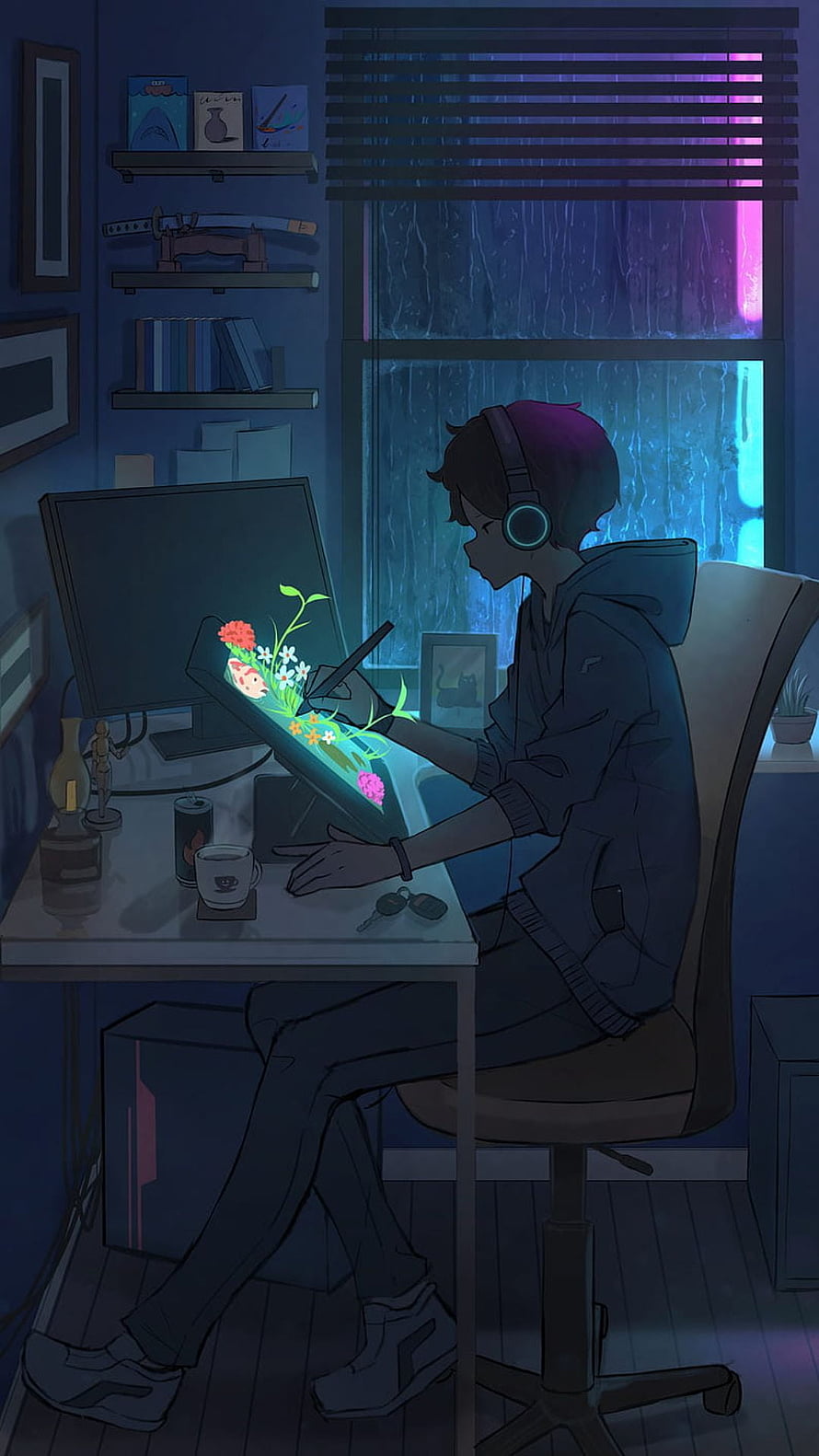 Lo-Fi Study Scene: Digital Artist Drawing a Vibrant Garden in a Rainy Night Room HD phone wallpaper