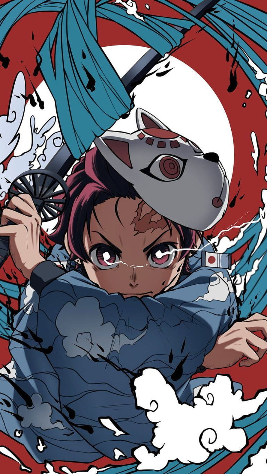 Demon Slayer Anime Character Tanjiro Kamado Wearing Fox Mask with Katana HD phone wallpaper