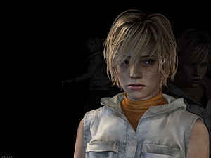 Heather Mason from Silent Hill 3 in a white vest and orange turtleneck against a dark background HD wallpaper