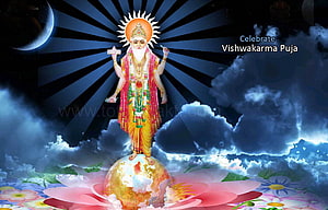 Vishwakarma Puja Festival Illustration with Divine Deity Standing on Lotus and Globe HD wallpaper