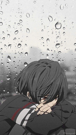 Melancholic Anime Boy Hugging Knees Behind Rainy Window HD phone wallpaper