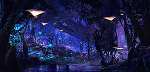 Avatar Pandora Bioluminescent Forest Concept Art with Glowing Flora and Water HD wallpaper