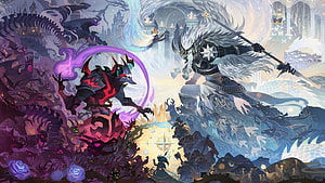 AFK Arena Fantasy Battle Artwork Featuring Dark and Light Armored Warriors HD wallpaper