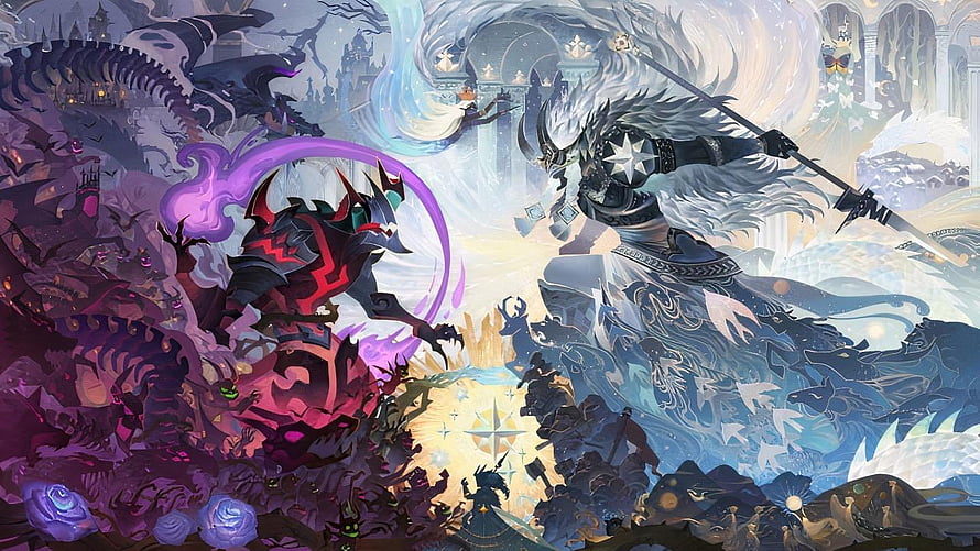 AFK Arena Fantasy Battle Artwork Featuring Dark and Light Armored Warriors HD wallpaper