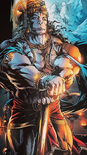 Hanuman Mythological Warrior Illustration with Golden Crown and Sword, Hanuman, Creative Painting HD phone wallpaper