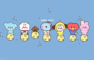 Cute Baby BT21 Characters Sitting on Cookies Against a Blue Sky HD wallpaper