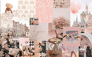 Soft Pink Aesthetic Collage Featuring Flowers, Castle, and Vintage Items HD wallpaper
