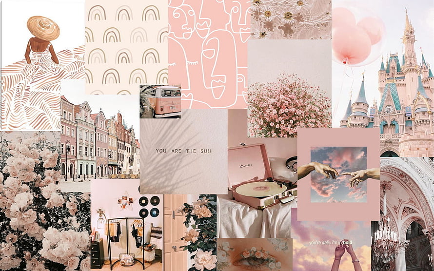 Soft Pink Aesthetic Collage Featuring Flowers, Castle, and Vintage Items HD wallpaper