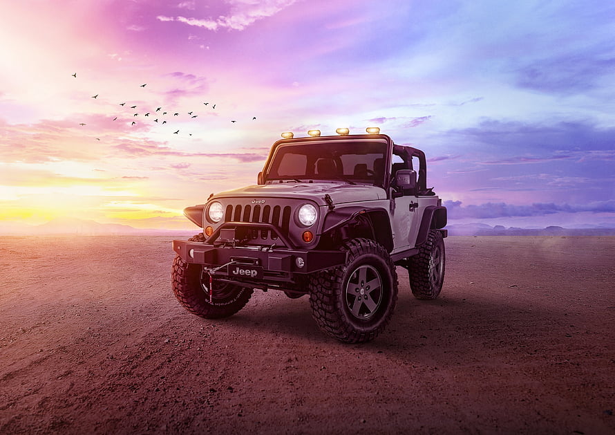 Jeep Wrangler Off-Road SUV in Desert Sunset Landscape with Birds HD wallpaper