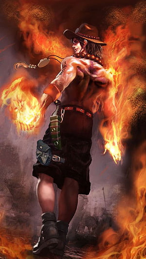 Portgas D. Ace from One Piece Enveloped in Flames with Cowboy Hat and Fireball HD phone wallpaper