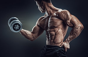 Muscular Man Performing Bicep Curl with Dumbbell in Dark Studio HD wallpaper