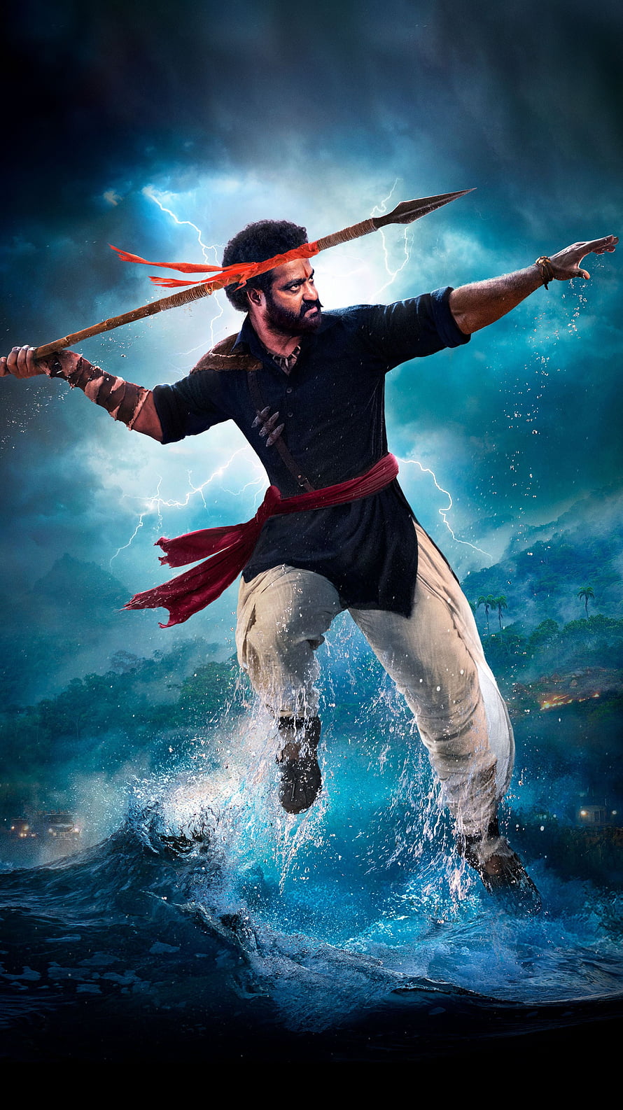 RRR Movie Poster Featuring Jr NTR in Dynamic Action Pose with Spear and Lightning Storm HD phone wallpaper