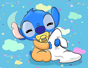 Cute Baby Stitch with Pacifier and Pillow in Kawaii Good Night Illustration HD wallpaper