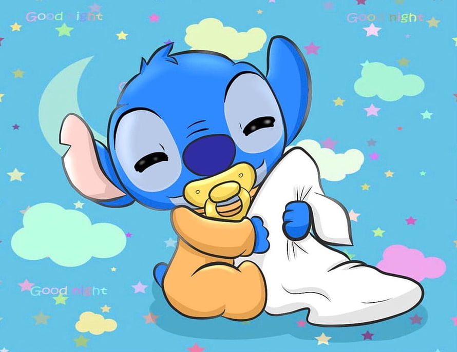 Cute Baby Stitch with Pacifier and Pillow in Kawaii Good Night Illustration HD wallpaper