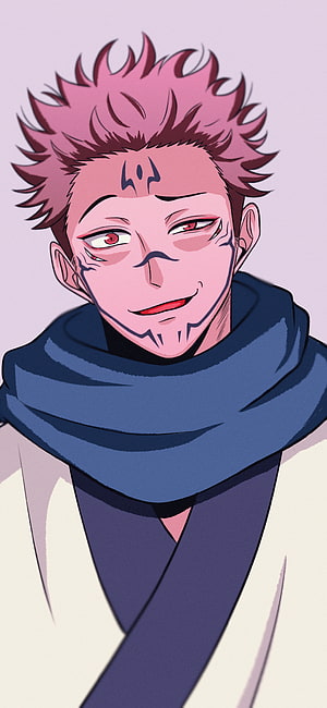 Sukuna from Jujutsu Kaisen with pink spiky hair and blue scarf in anime portrait HD phone wallpaper