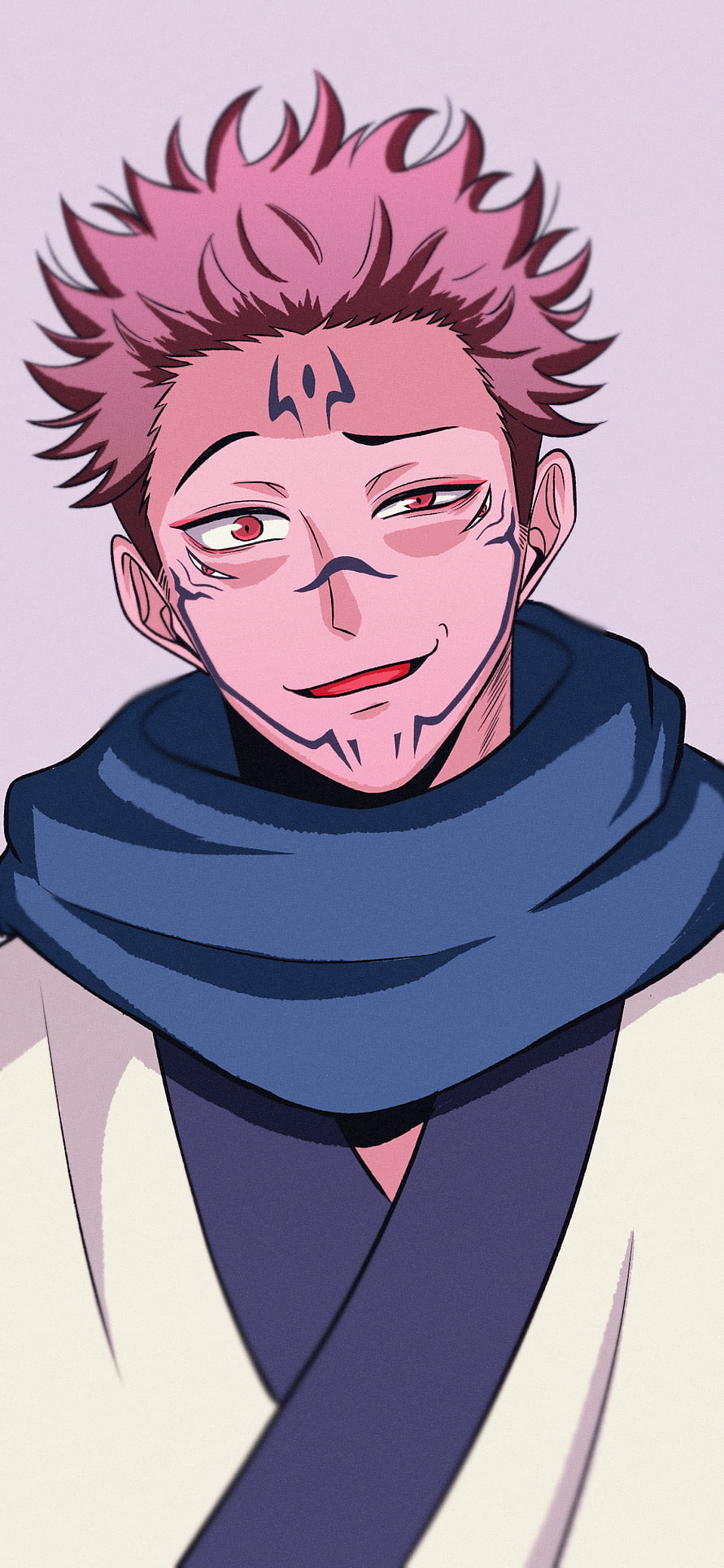 Sukuna from Jujutsu Kaisen with pink spiky hair and blue scarf in anime portrait HD phone wallpaper