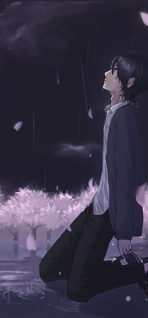 Melancholic Anime Boy Kneeling in Rain with Falling Petals and Moonlight HD phone wallpaper