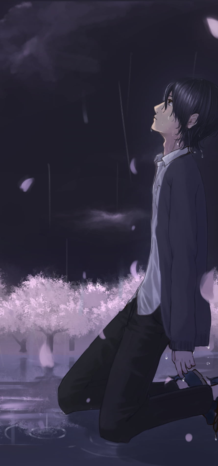 Melancholic Anime Boy Kneeling in Rain with Falling Petals and Moonlight HD phone wallpaper