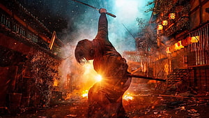 Rurouni Kenshin The Final cinematic scene with sword raised in fiery Japanese street HD wallpaper