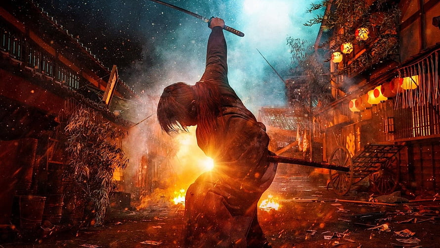 Rurouni Kenshin The Final cinematic scene with sword raised in fiery Japanese street HD wallpaper