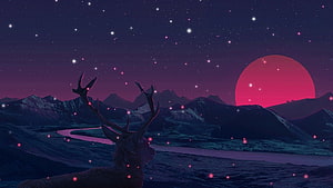 Stylized Deer Silhouette Gazing at a Giant Red Moon Over a Starry Mountain Landscape HD wallpaper