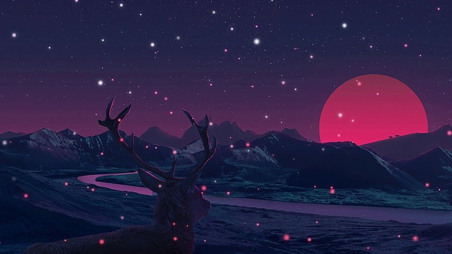 Stylized Deer Silhouette Gazing at a Giant Red Moon Over a Starry Mountain Landscape HD wallpaper