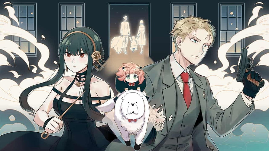 Spy x Family anime illustration featuring Yor, Loid, Anya, and Bond in a dramatic nighttime scene HD wallpaper