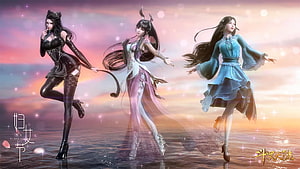 Soul Land 2 Female Characters in Elegant Dresses Against Sunset Sky HD wallpaper