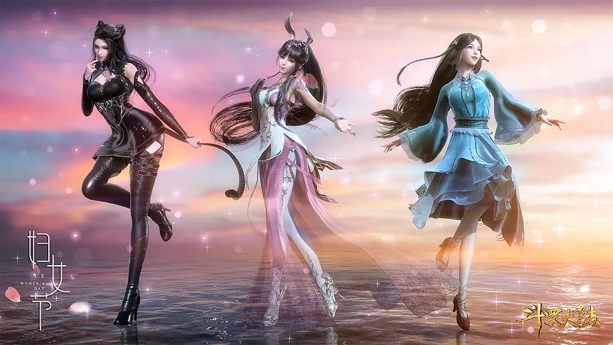 Soul Land 2 Female Characters in Elegant Dresses Against Sunset Sky HD wallpaper
