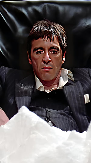 Al Pacino as Tony Montana in Scarface, dramatic portrait in a dark suit with a white shirt and gold chain HD phone wallpaper