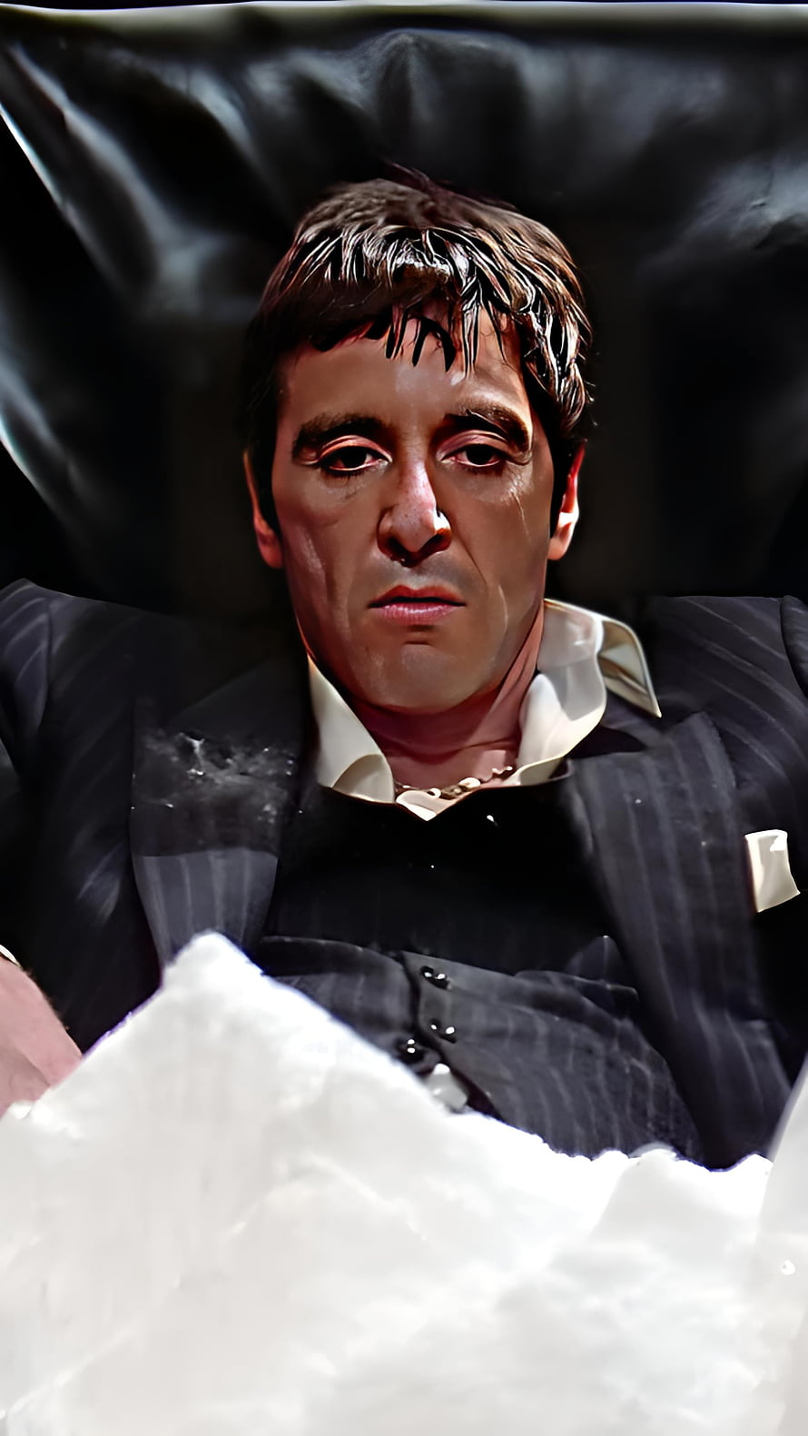 Al Pacino as Tony Montana in Scarface, dramatic portrait in a dark suit with a white shirt and gold chain HD phone wallpaper