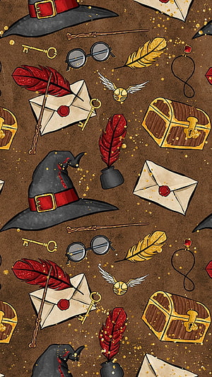 Harry Potter Gryffindor Themed Pattern with Wizard Hat, Quill, and Golden Snitch HD phone wallpaper