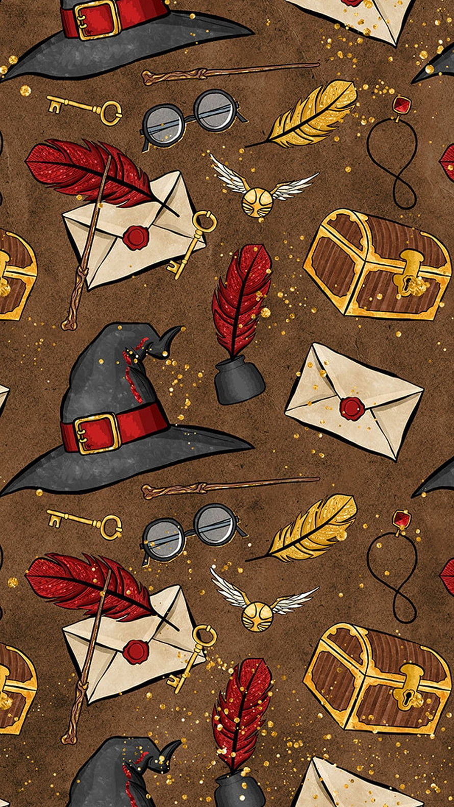 Harry Potter Gryffindor Themed Pattern with Wizard Hat, Quill, and Golden Snitch HD phone wallpaper