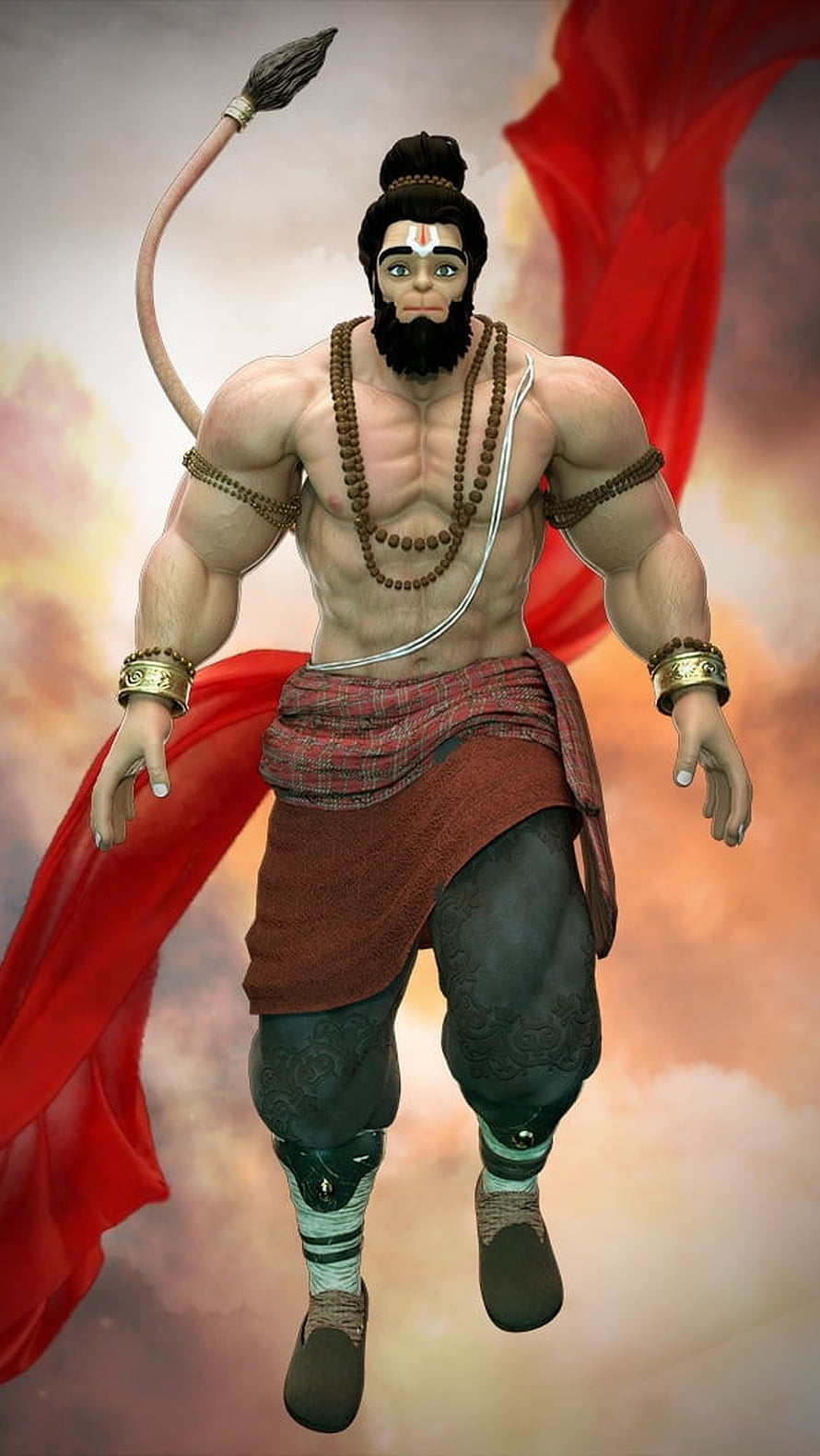 Jay Hanuman 3D Character Render with Red Cape and Prayer Beads HD phone wallpaper