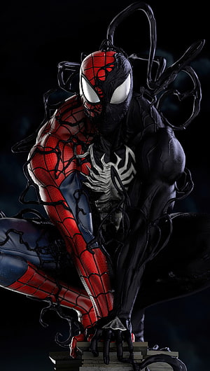 Spider-Man Symbiote Suit Crouching Pose with Venom Emblem and Black Webbing, Spider Man Symbiote, marvel, venom, spiderman HD phone wallpaper