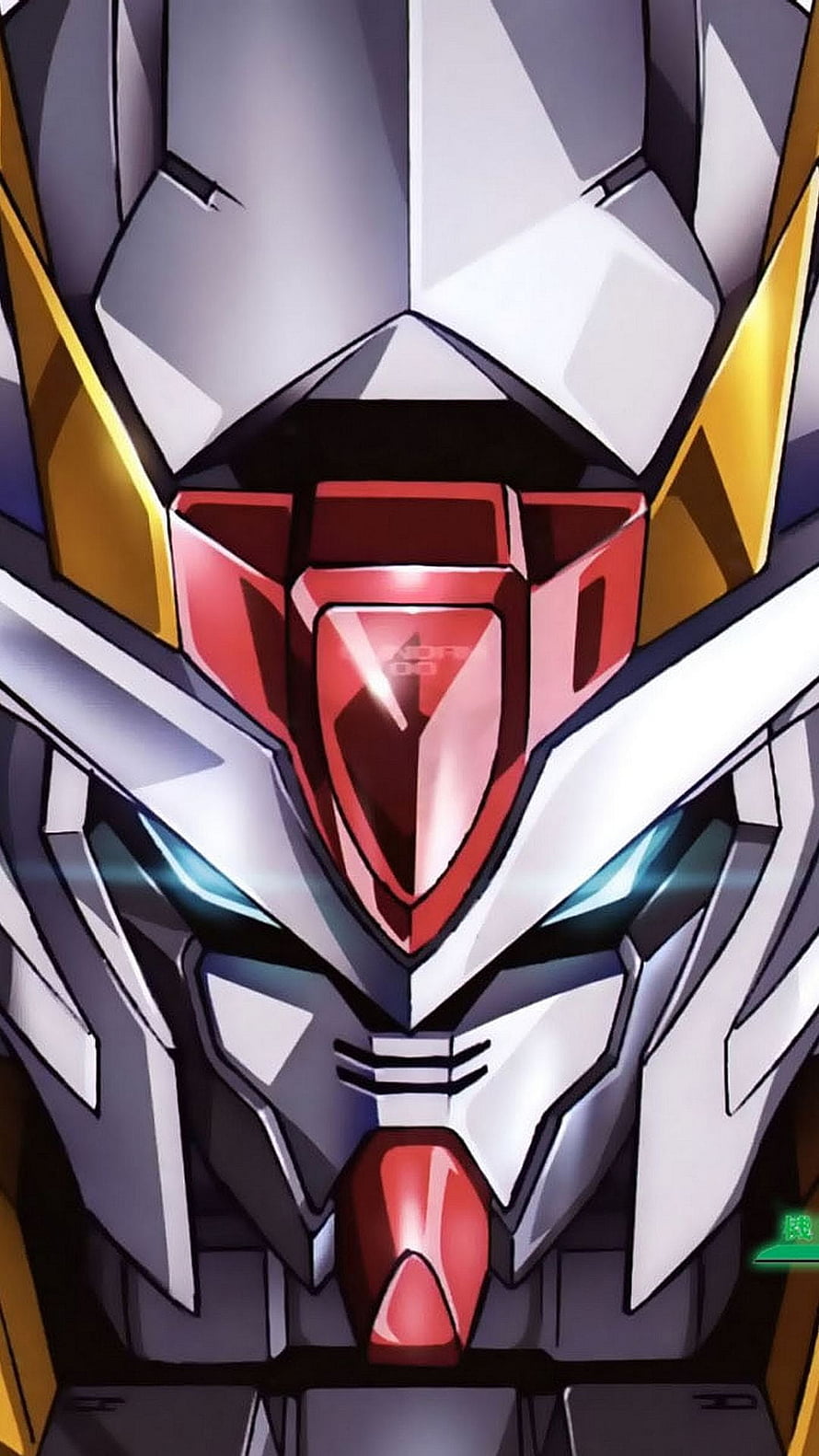 Gundam Face Close-Up: White and Gold Mecha with Glowing Blue Eyes and Red Visor HD phone wallpaper