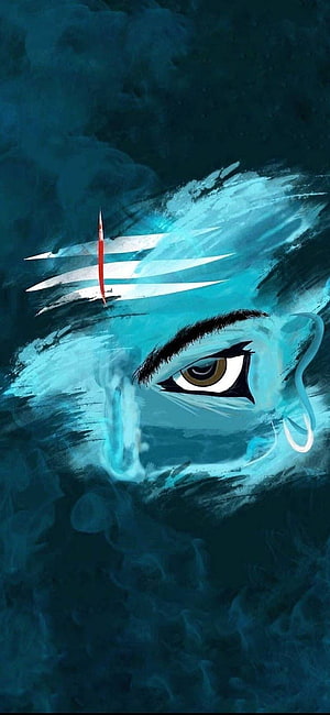 Lord Shiva Mystical Eye Portrait with Trishul and Crescent Moon in Blue Ink Style HD phone wallpaper