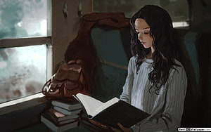 Anime Girl Reading a Book by the Window in a Cozy Room HD wallpaper