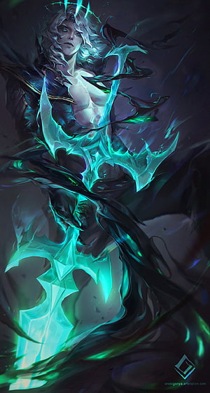 Viego from League of Legends Wielding a Glowing Emerald Blade in Dark Fantasy Art HD phone wallpaper
