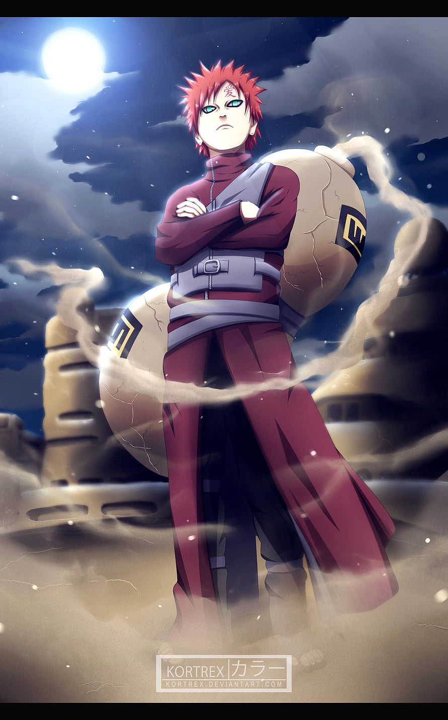 Gaara from Naruto anime standing in desert with sand spheres under moonlit night sky HD phone wallpaper