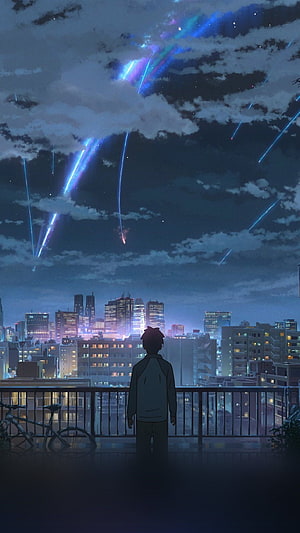 Your Name Anime Scene: Boy Watching Meteor Shower Over Tokyo Cityscape at Night HD phone wallpaper