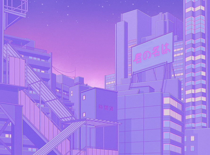 Retro Anime Cityscape at Dusk with Purple Sky and Japanese Billboards HD wallpaper