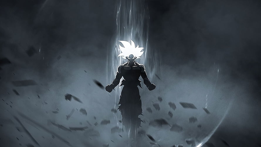 Goku Ultra Instinct Silhouette in Dark Stormy Atmosphere with Floating Debris HD wallpaper