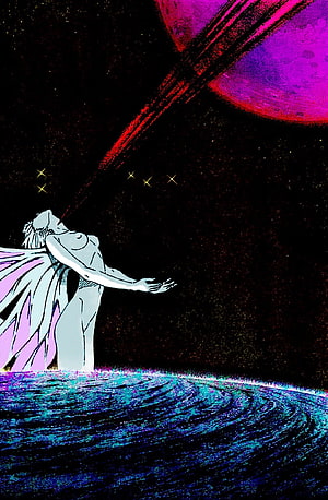 Neon Genesis Evangelion manga illustration of a winged figure gazing at a cosmic planet HD phone wallpaper