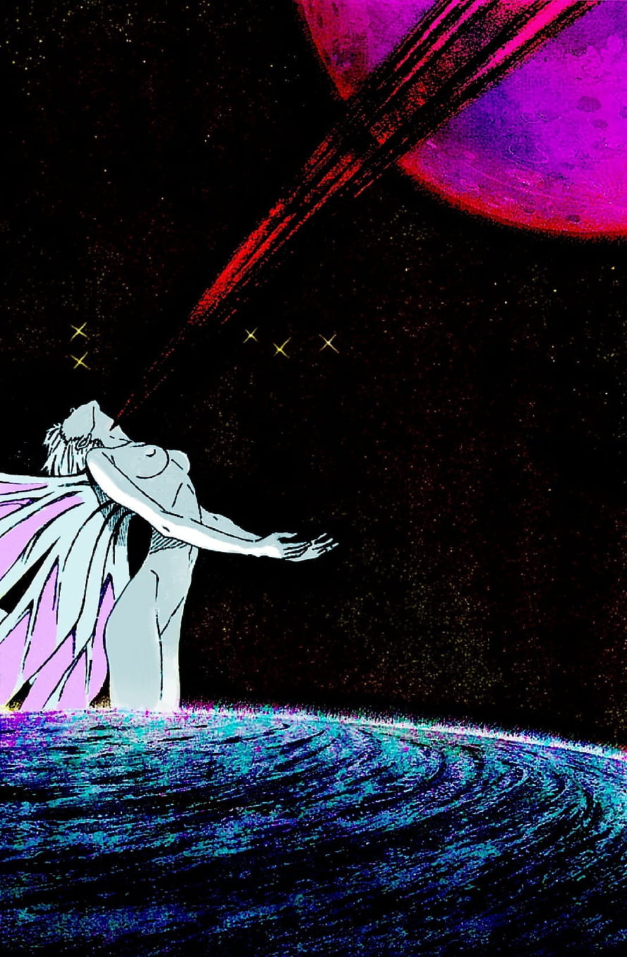 Neon Genesis Evangelion manga illustration of a winged figure gazing at a cosmic planet HD phone wallpaper