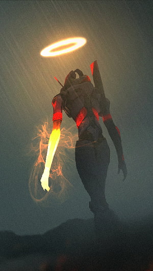 Neon Genesis Evangelion Angel Character with Glowing Halo and Energy Blade in Dark Atmosphere HD phone wallpaper