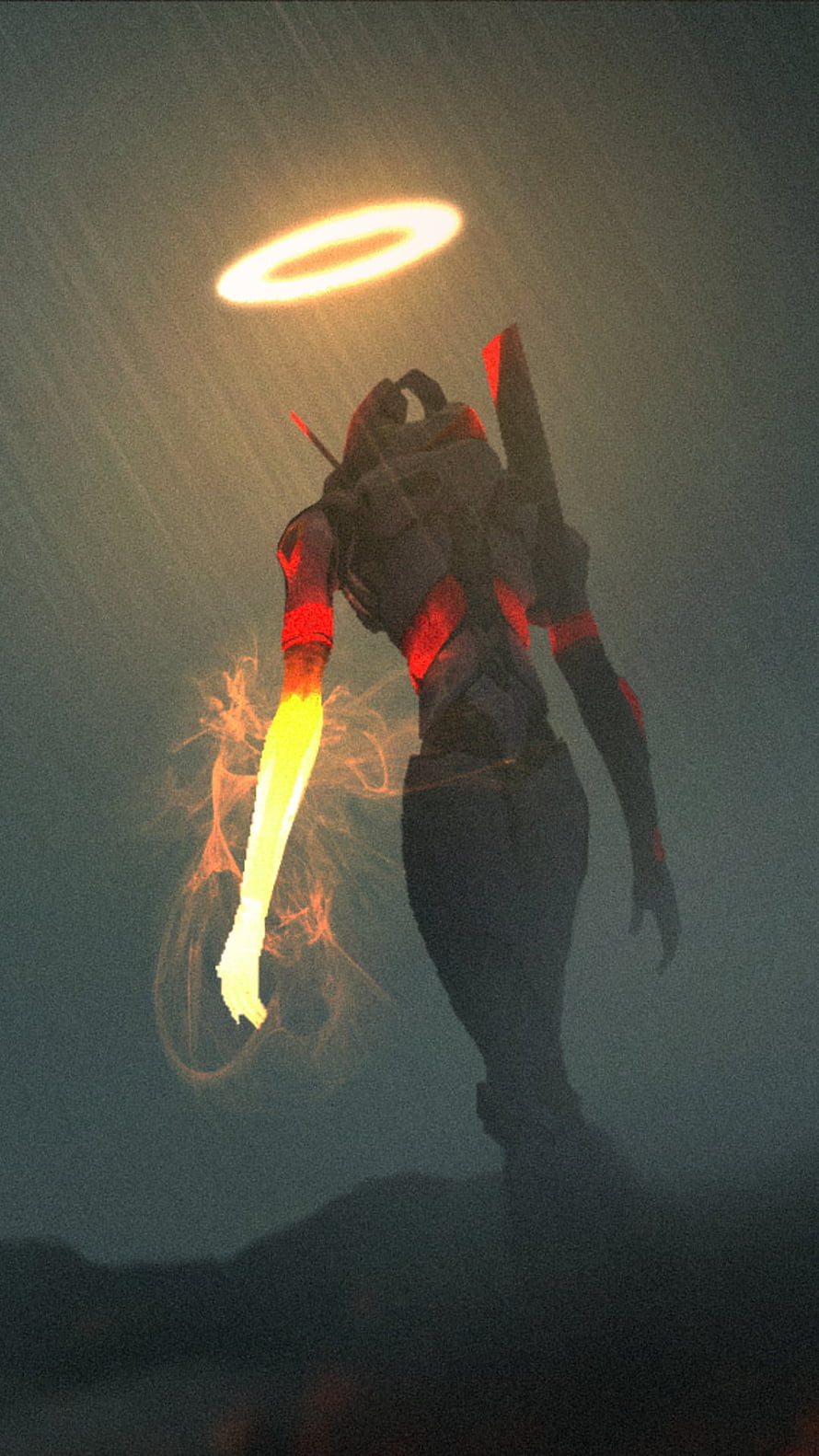Neon Genesis Evangelion Angel Character with Glowing Halo and Energy Blade in Dark Atmosphere HD phone wallpaper