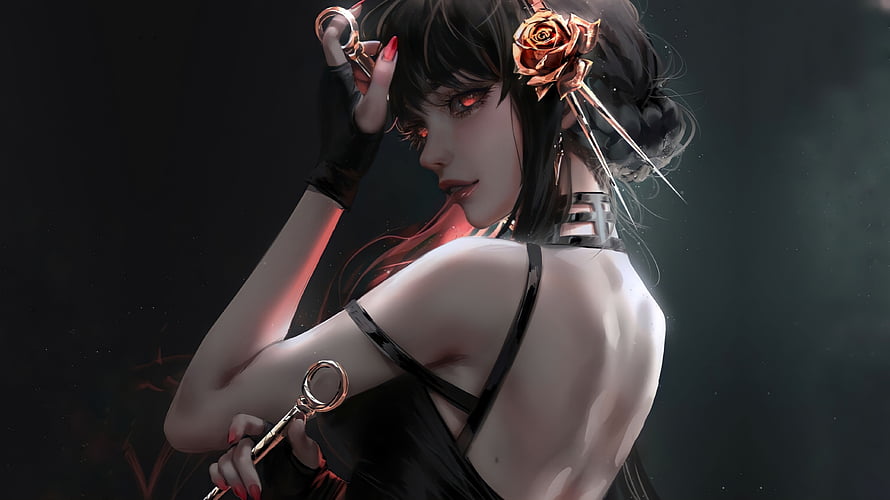 Yor Forger Dark Fantasy Portrait with Rose Hairpin and Glowing Red Eyes HD wallpaper