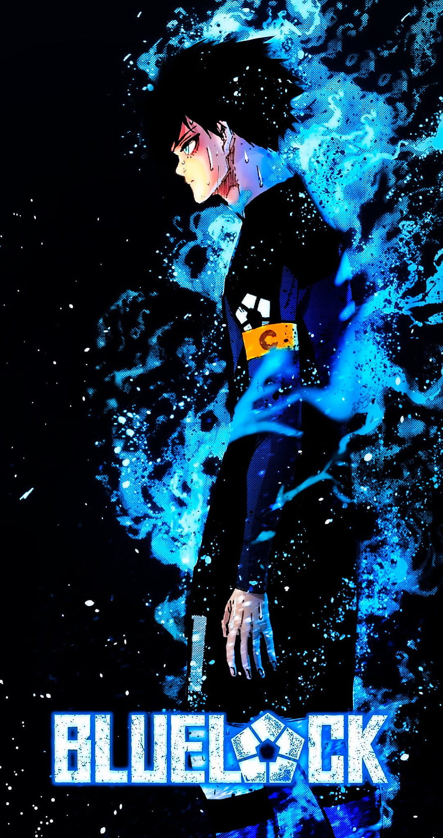 Blue Lock Anime Character with Blue Energy Aura on Dark Background HD phone wallpaper